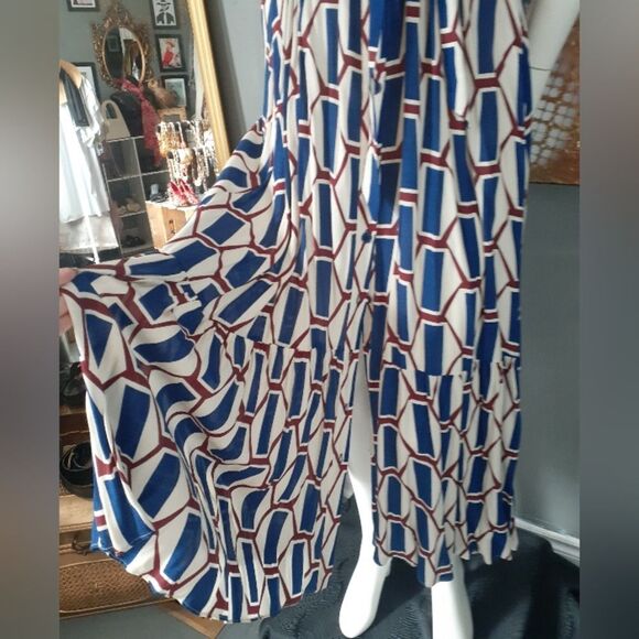 Nwot Zara Geometric Blue, Burgundy and Cream Maxi Dress - Picture 13 of 16